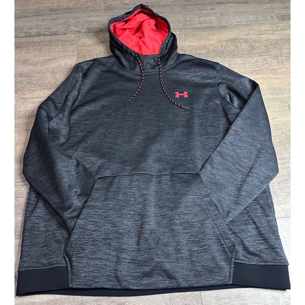 Under Armour Mens XXL ColdGear Hoodie Grey Red Loose Fit Pullover Sweatshirt
